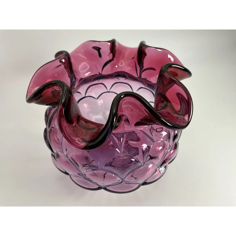 Fenton Mulberry Jacqueline Art Glass Vase Ruffled Rose Bowl Fish Scale Pattern